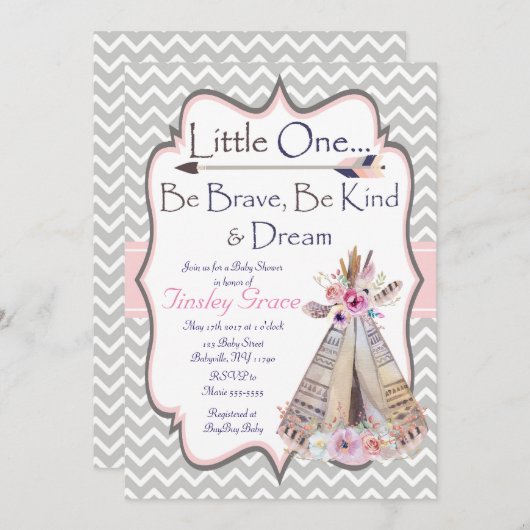 Boho Baby Girl Shower uitnodiging, Tribal Uitnodig Kaart (Voorkant / Achterkant)