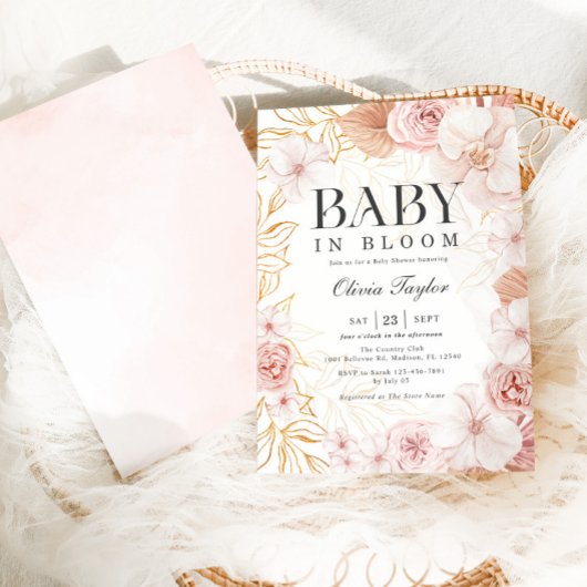 Boho Baby in Bloom Baby shower Blush Pink Floral Kaart