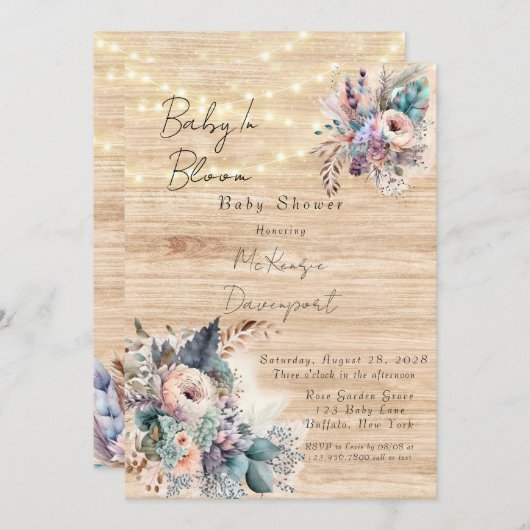 Boho Baby in Bloom Baby shower Invitation Kaart (Voorkant / Achterkant)