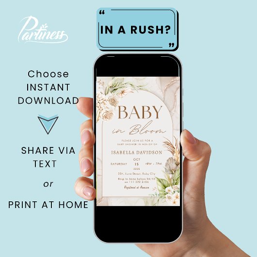 Boho Baby in Bloom Baby shower Pampas Floral Kaart