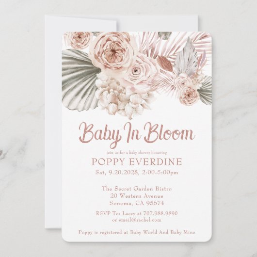 Boho Baby In Bloom Roze Meisje Baby Shower Kaart (Voorkant)