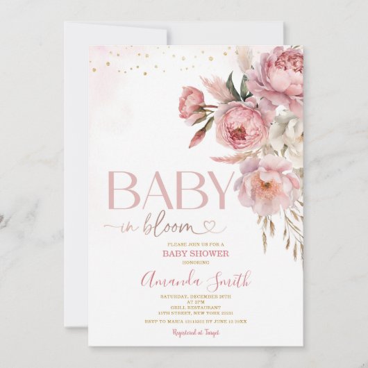 Boho Baby in Bloom Roze Rozen Bloemen Baby shower Kaart (Voorkant)