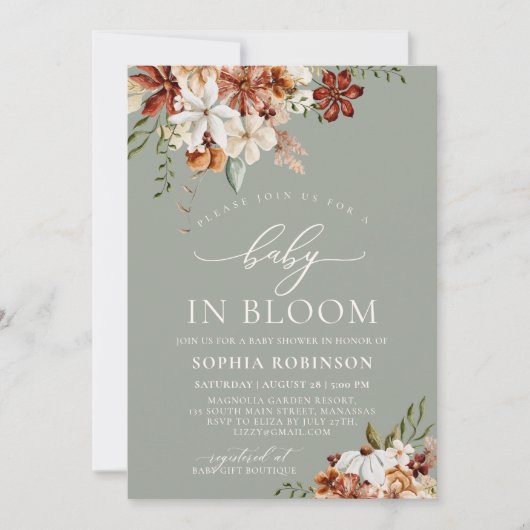 Boho Baby in Bloom Wildflower Green Baby shower Kaart (Voorkant)