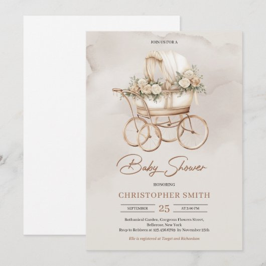  Boho baby koets Neutrale Salie Bloemen Kaart (Voorkant / Achterkant)