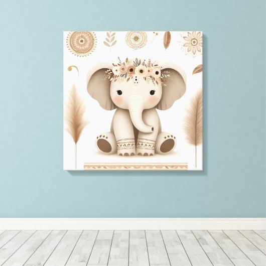 Boho Baby Olifant Mandala Muurkunst | Cute Dier Canvas Afdruk (Insitu (Houten vloer))