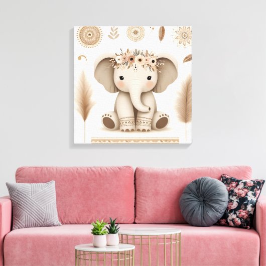 Boho Baby Olifant Mandala Muurkunst | Cute Dier Canvas Afdruk (Insitu (Woonkamer))