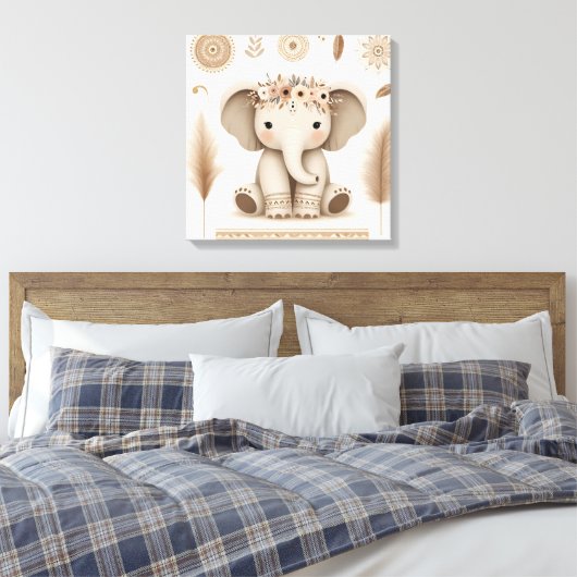 Boho Baby Olifant Mandala Muurkunst | Cute Dier Canvas Afdruk (Insitu (Slaapkamer))