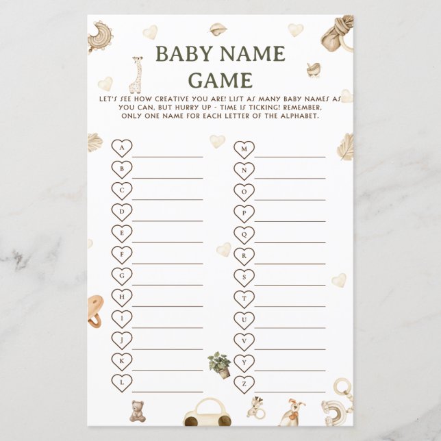 Boho Baby Shower Baby Naam Raden Spel  (Voorkant)