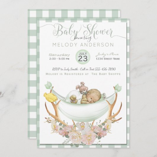 BOHO Baby shower Green Hammock Antler met Rozen Kaart (Voorkant / Achterkant)