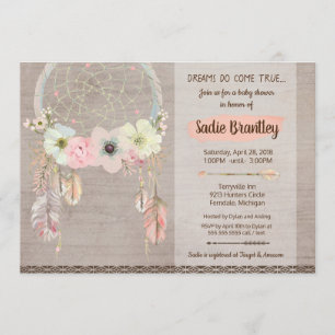 Boho Baby shower Invitation, Dreamcatcher Rustic Kaart