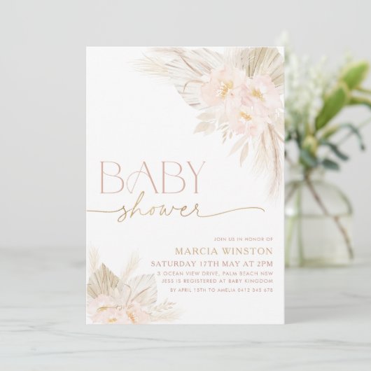 Boho Baby shower Invitation Floral Light Pink Kaart (Staand voorkant)