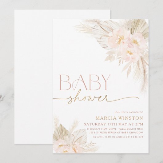 Boho Baby shower Invitation Floral Light Pink Kaart (Voorkant / Achterkant)