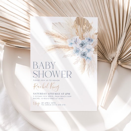 Boho Baby shower Invitation Flowers Blauw Neutraal Kaart