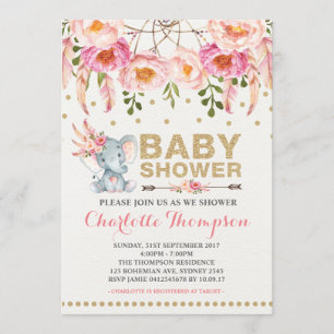 Boho Baby shower Invitation Pink Gold Elephant Kaart