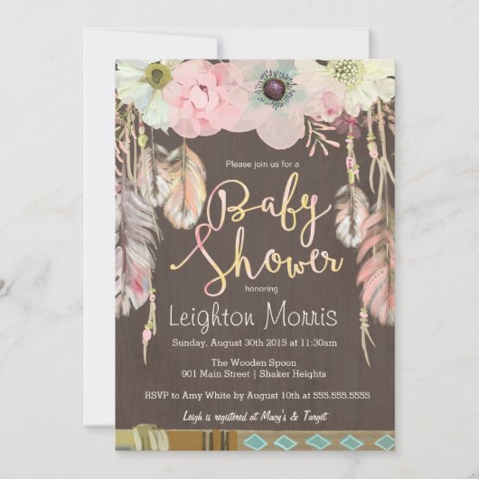 Boho Baby shower Invitation, Tribal Feather Rustic Kaart (Voorkant)