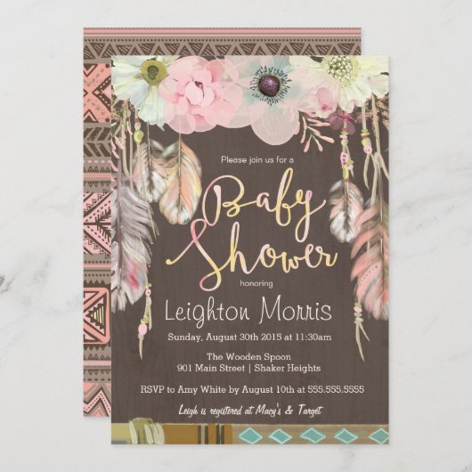 Boho Baby shower Invitation, Tribal Feather Rustic Kaart (Voorkant / Achterkant)