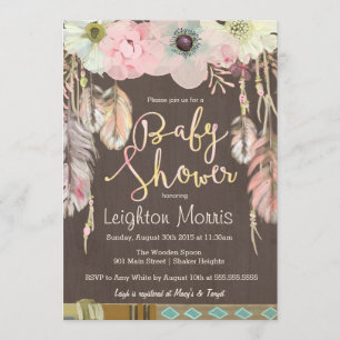 Boho Baby shower Invitation, Tribal Feather Rustic Kaart