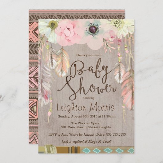 Boho Baby shower Invitation, Tribal Feather Rustic Kaart (Voorkant / Achterkant)