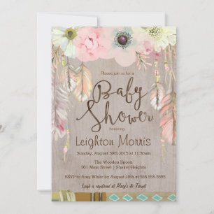 Boho Baby shower Invitation, Tribal Feather Rustic Kaart