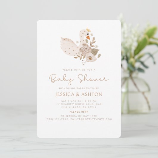 Boho Baby shower Invitation – Zwaan & Bloemen Ontw Kaart (Staand voorkant)