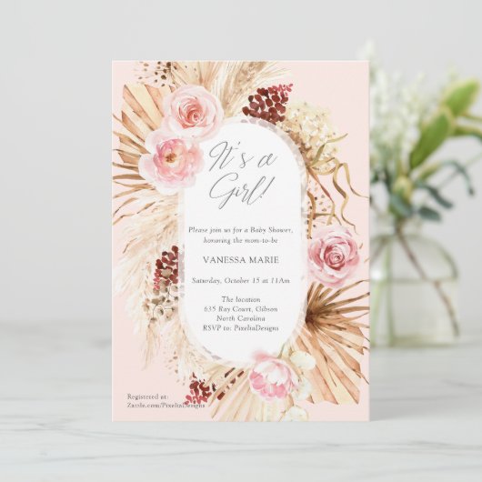 Boho Baby shower is een meisje roze bloemenpampa's Kaart (Staand voorkant)