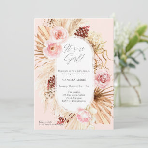 Boho Baby shower is een meisje roze bloemenpampa's Kaart