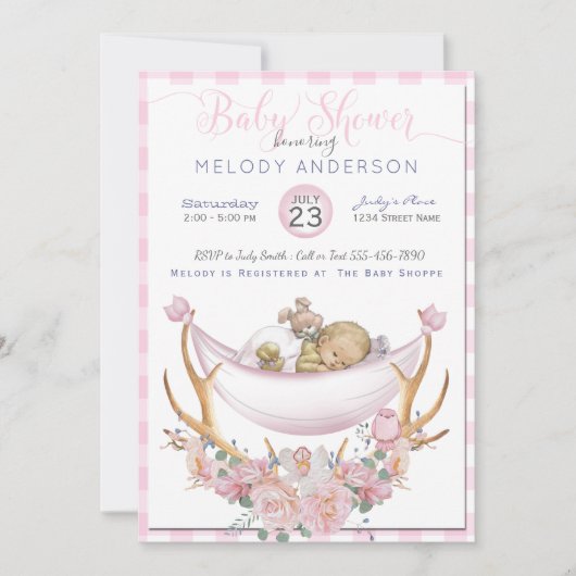 BOHO Baby shower Pink Hammock Antlers Floral Kaart (Voorkant)