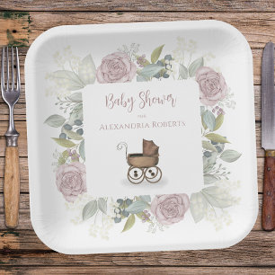 Boho Baby shower Roze Botanische Floral Papieren Bordje
