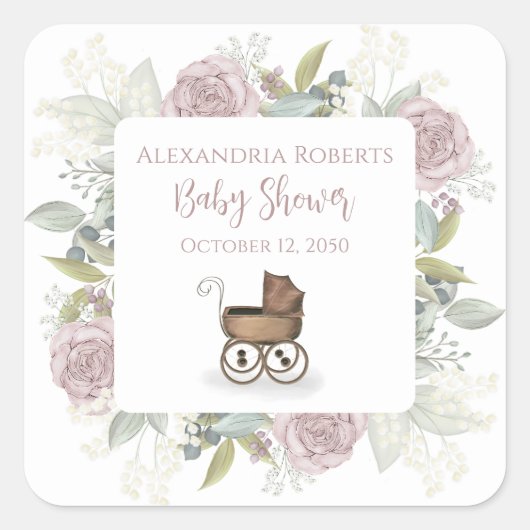 Boho Baby shower Roze Botanische Floral  Vierkante Sticker (Voorkant)