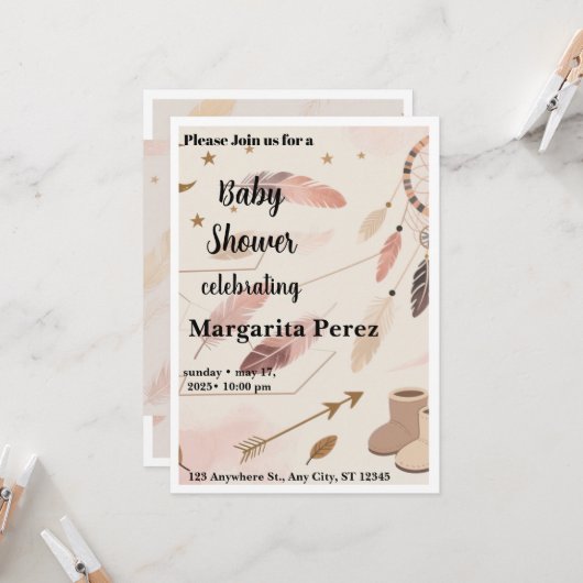 Boho Baby Shower Uitnodiging (Voorkant / Achterkant in situ)