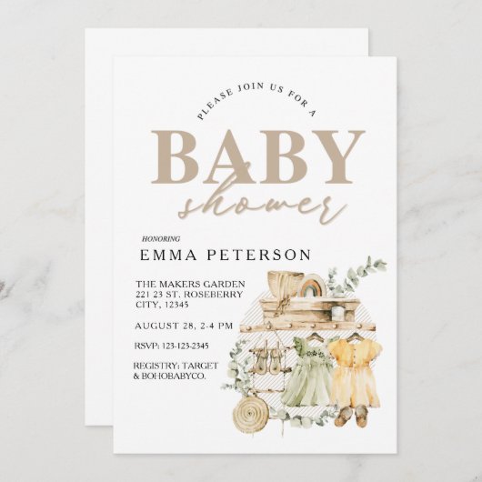 Boho Baby shower-uitnodiging, het is een meisje! I Kaart (Voorkant / Achterkant)