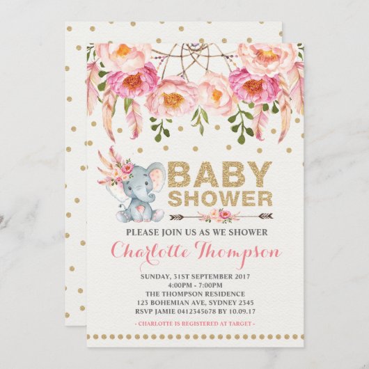 Boho Baby shower Uitnodiging Roze Gouden Olifant (Voorkant / Achterkant)