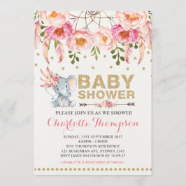 Boho Baby shower Uitnodiging Roze Gouden Olifant