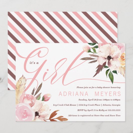 Boho Baby shower, Waterverf Bloemenuitnodiging Kaart (Voorkant / Achterkant)