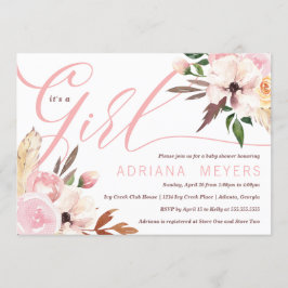 Boho Baby shower, Waterverf Bloemenuitnodiging Kaart