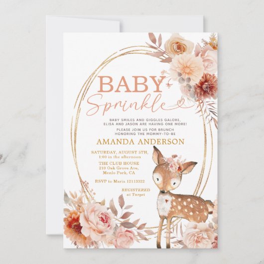 Boho Baby Sprinkle Little Deer Floral Baby shower Kaart (Voorkant)