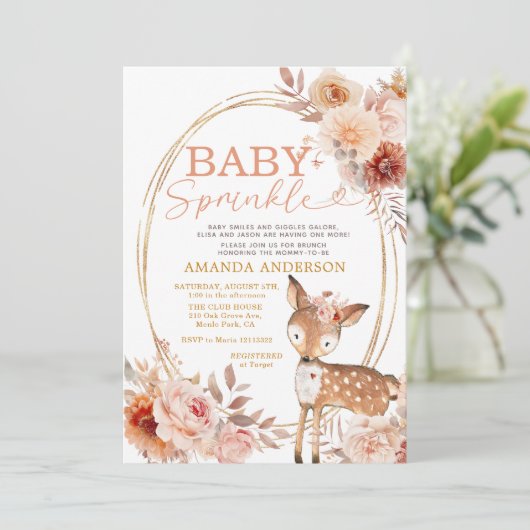 Boho Baby Sprinkle Little Deer Floral Baby shower Kaart (Staand voorkant)