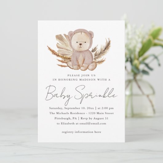 Boho Baby Sprinkle Uitnodiging met zoet Beer (Staand voorkant)