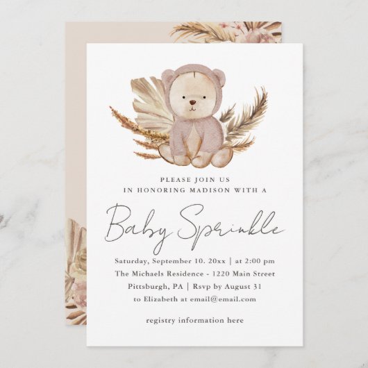 Boho Baby Sprinkle Uitnodiging met zoet Beer (Voorkant / Achterkant)