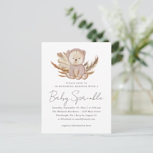 Boho Baby Sprinkle Uitnodiging met Zoete Beer (Staand voorkant)