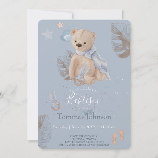 Boho baby teddy beer Baptism Invitation Kaart (Voorkant)