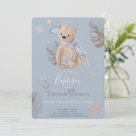 Boho baby teddy beer Baptism Invitation Kaart (Staand voorkant)