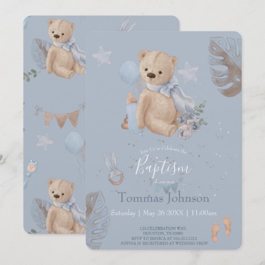 Boho baby teddy beer Baptism Invitation Kaart (Voorkant / Achterkant)