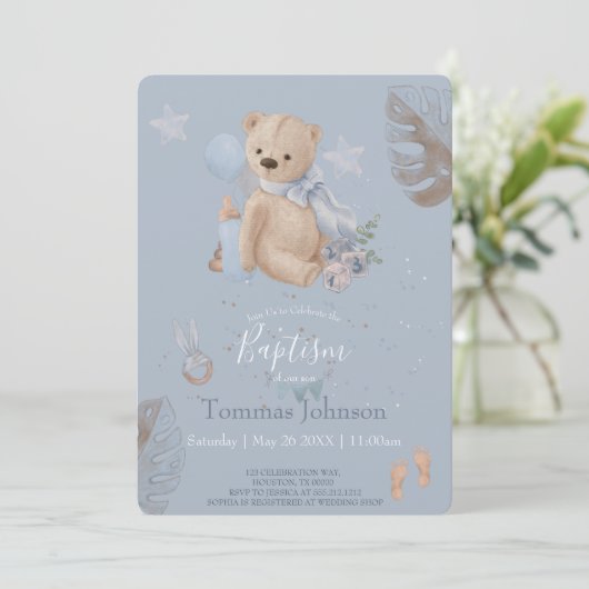 Boho baby teddy beer Baptism Invitation Kaart (Staand voorkant)