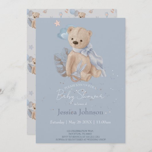 Boho baby teddybeer uitnodiging (Voorkant / Achterkant)