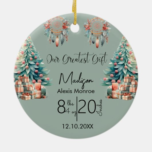 Boho Baby's eerste kerstgeboortedatum Keramisch Ornament (Achterkant)