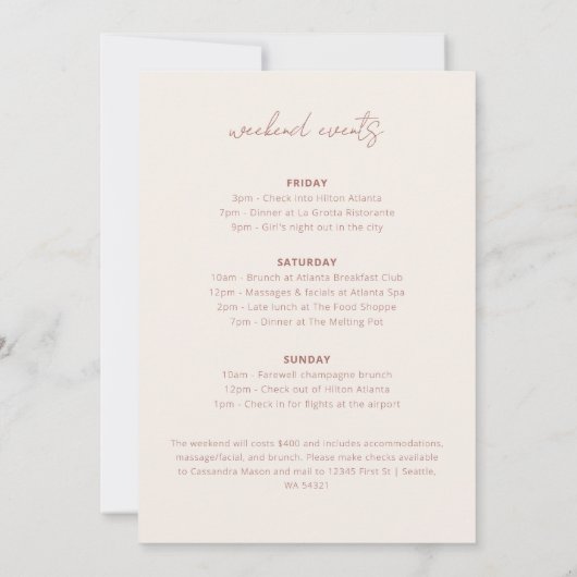 Boho Bachelorette Party Invitation and Itinerary Kaart (Achterkant)