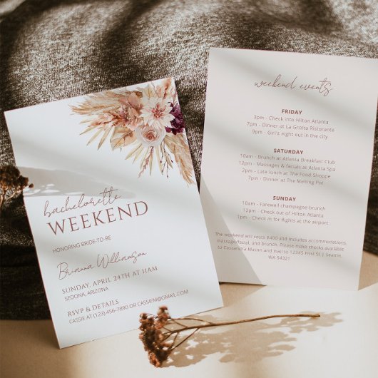 Boho Bachelorette Party Invitation and Itinerary Kaart