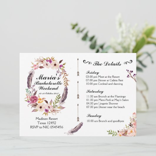 Boho Bachelorette Weekend Itinerary Invitation Kaart (Staand voorkant)