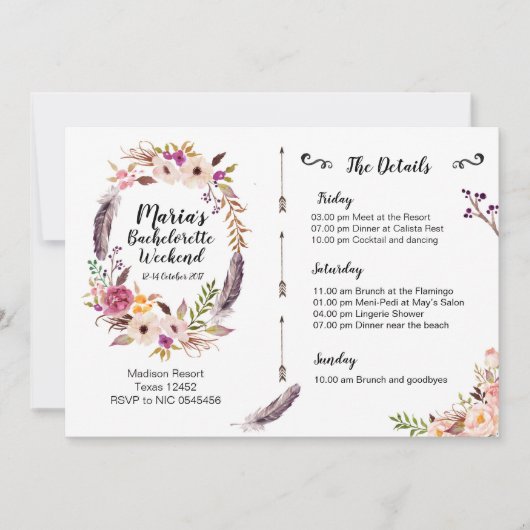 Boho Bachelorette Weekend Itinerary Invitation Kaart (Voorkant)